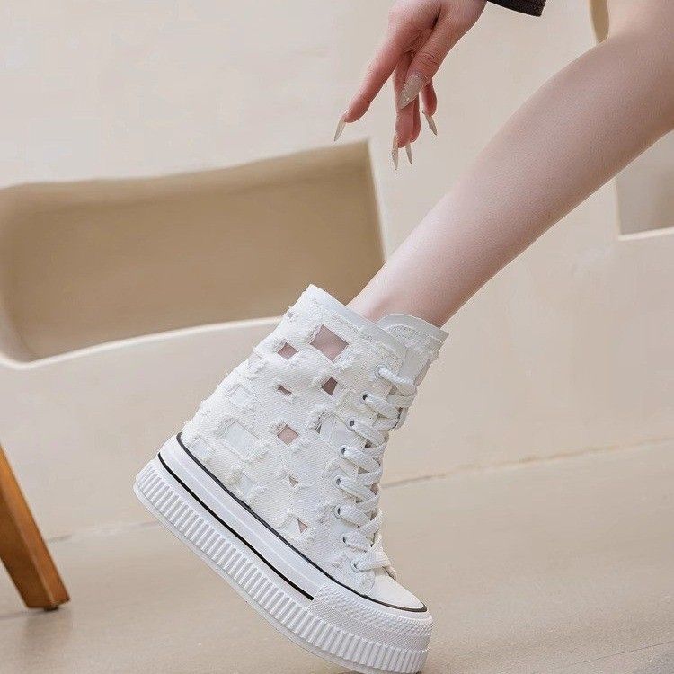 Fashion Leather Soft Bottom Thick Bottom Heightening Canvas Shoes Women's 2025 Spring And Summer New Season Mesh Breathable Hole Shoes_voghion.com