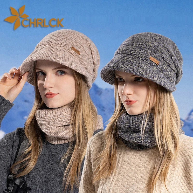 CHRLCK Bonnet Chapeaux Ensemble Femmes Chaud Tricoté Crâne Cap Cou Plus Chaud Épaissir Fourrure Doublé Dame Hiver Chapeau Masque Écharpe_voghion.com
