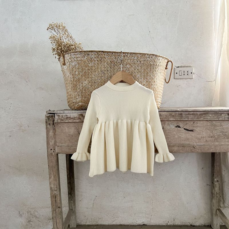 Kleinkind Mädchen Kleidung Baby Baumwolle Trompete Manschetten Wollkleid Säugling Frühling und Herbst Pullover Kleid_voghion.com