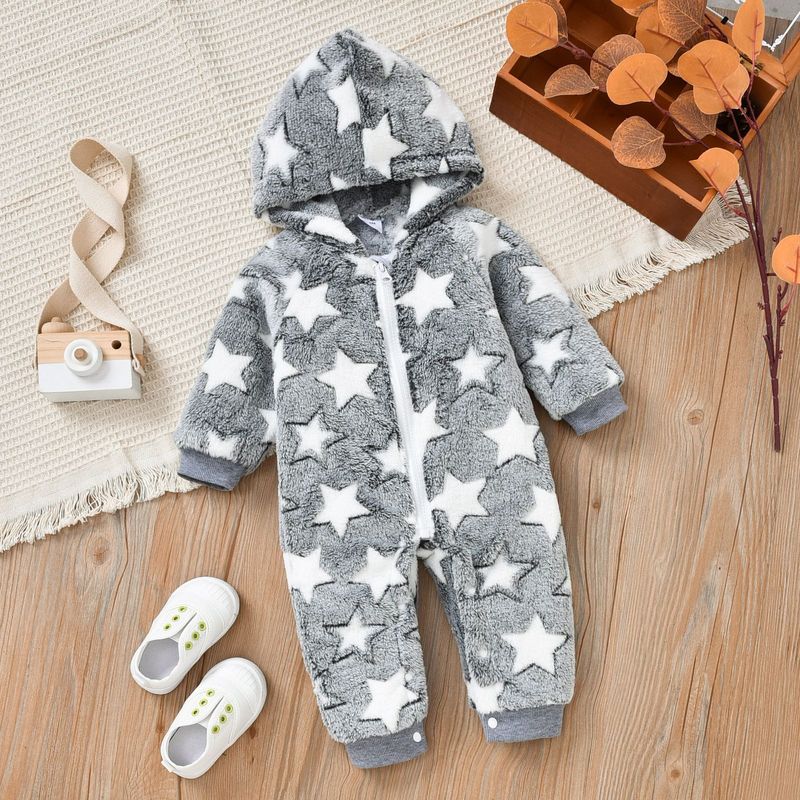 Combinaison polaire à capuche pour bébé Mother & Kids - Douce et chaude, de la naissance à 18 mois (unisexe, gris-blanc)_voghion.com