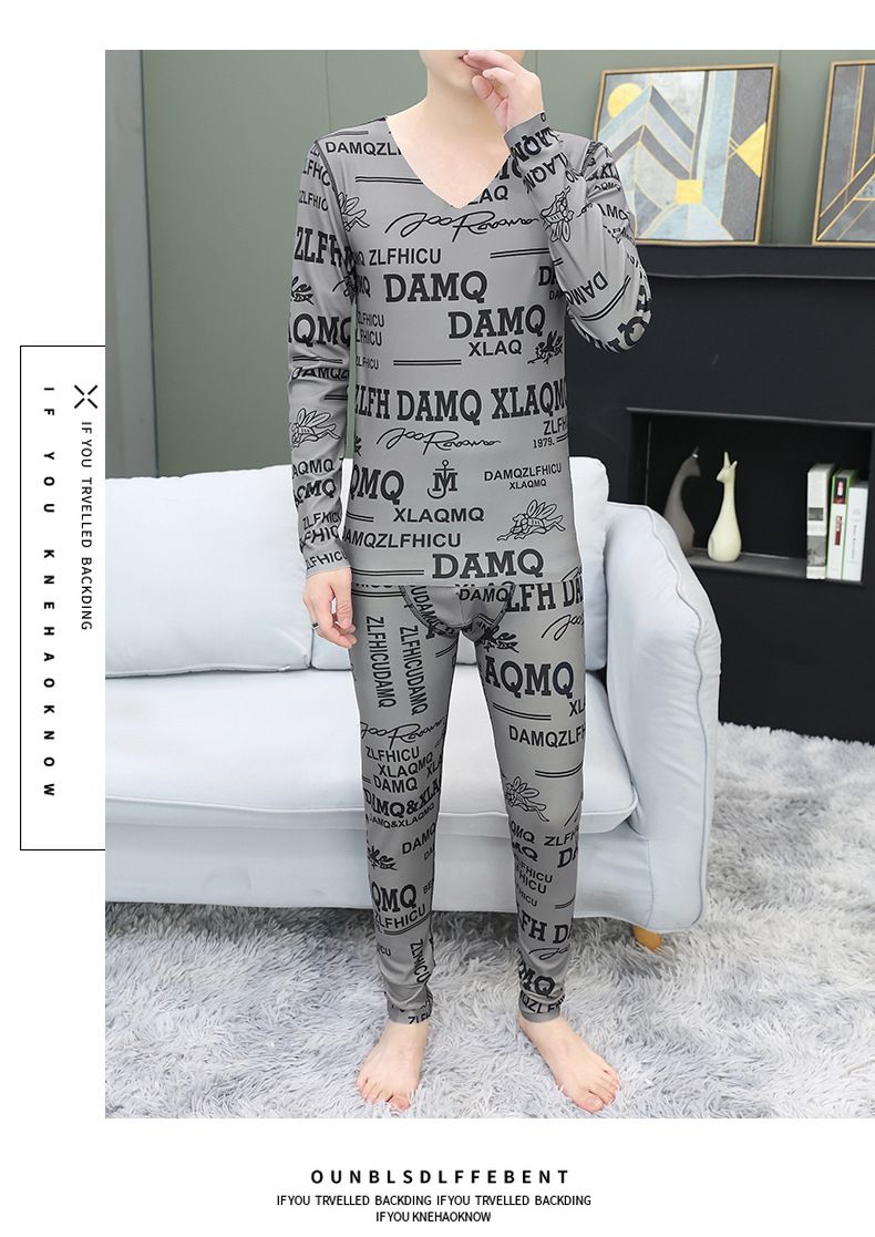 Men's Thermal Underwear Set Winter Warm Seamless V-Neck Base Layer Top & Bottom Stretchy Comfort Fit High Elasticity Grey/Black/Green_voghion.com