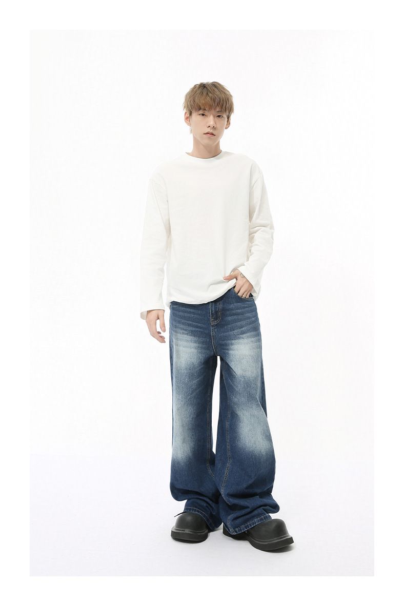 Men's Clothing Autumn New Arrivals Korean Distressed White Wide leg Straight Jeans Trend_voghion.com