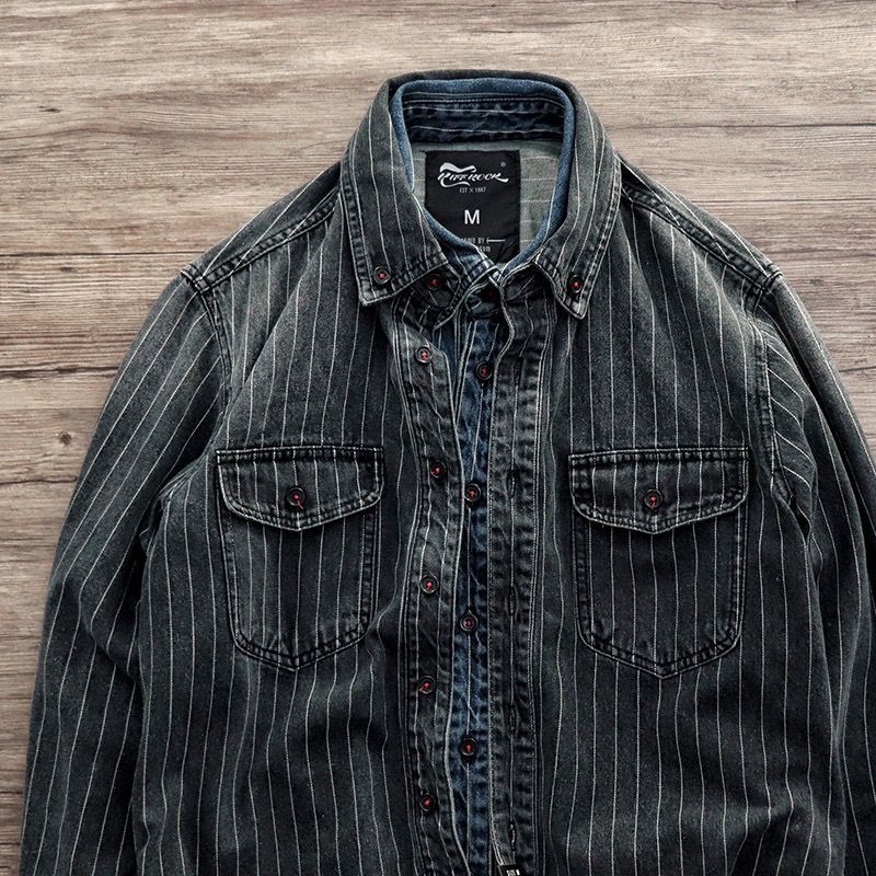 Camicia a maniche lunghe da uomo alla moda, a righe in denim, artistica e fresca, giacca casual primaverile e autunnale_voghion.com