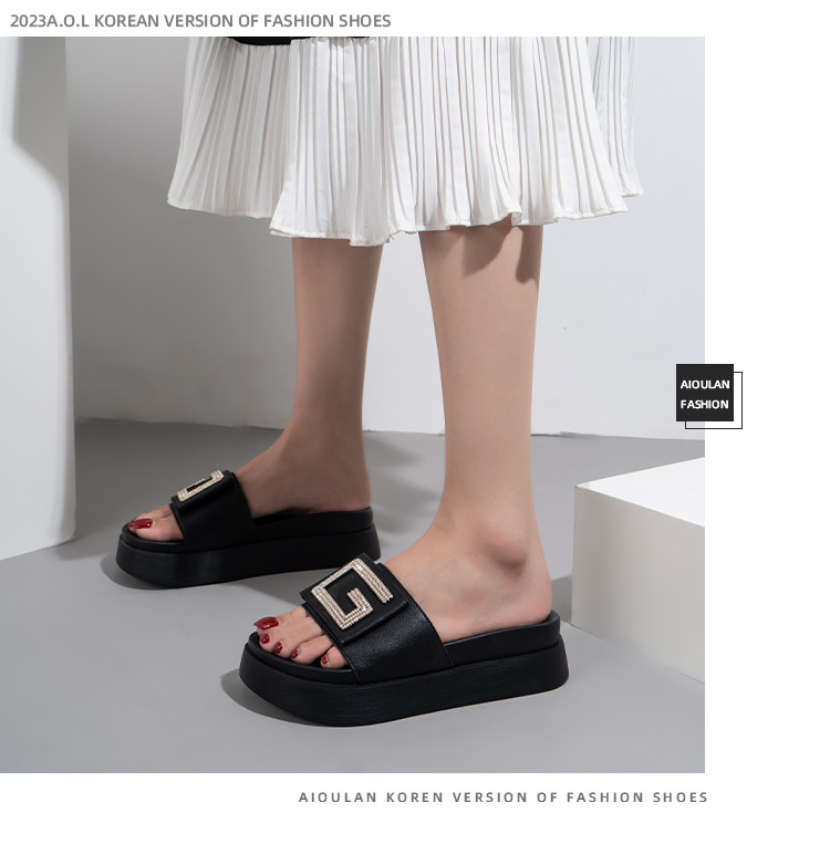 Γυναικεία σανδάλια και παντόφλες με δερμάτινο χοντρό πάτο φορώντας στρας μικρού μεγέθους με επίπεδο πάτο παντεσπάνι προσωπικότητας casual παπούτσια_voghion.com