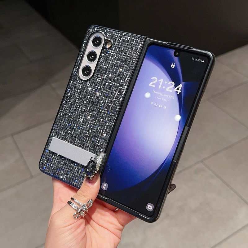 For Samsung Galaxy Z Fold 3 4 5 6 Luxury Glitter Sequins Metallic Stand Phone Case Cover_voghion.com