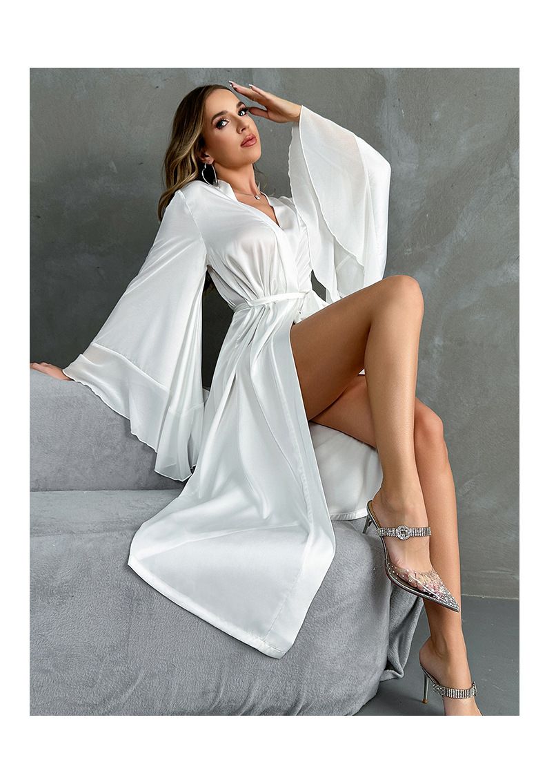 Neu Satin Nachtwäsche Frauen Langarm Spitze Trim Chiffon Mischung Robe Bademantel Loungewear_voghion.com