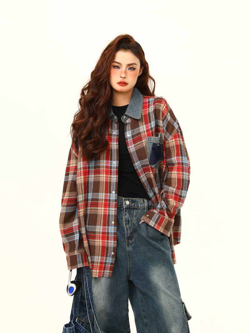 Camicia a quadri gialla a quadri Wild Azi, vestibilità ampia e versatile, per l'inizio dell'autunno, da donna, di alta qualità_voghion.com