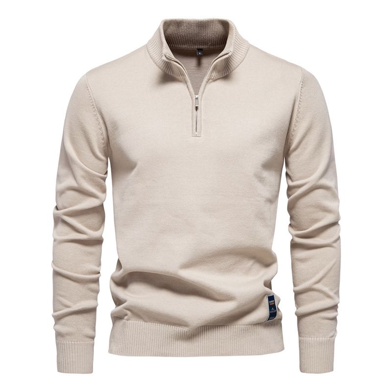 2024 neues, einfarbiges, schmal geschnittenes Strickpullover-Oberteil aus Baumwolle mit Stehkragen und halbem Reißverschluss für Herren_voghion.com