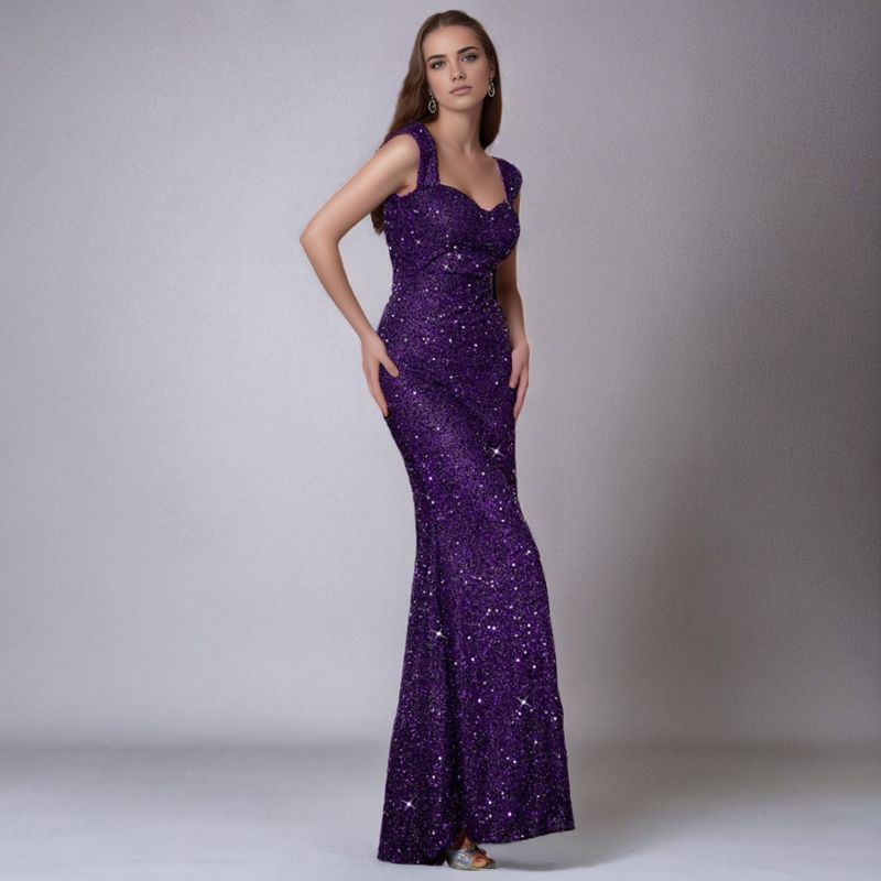 Comércio exterior oriental transfronteiriço INS cor sólida decote em V lantejoulas suspensório cintura alta vestido de noite saia rabo de peixe vestido de saia longa_voghion.com