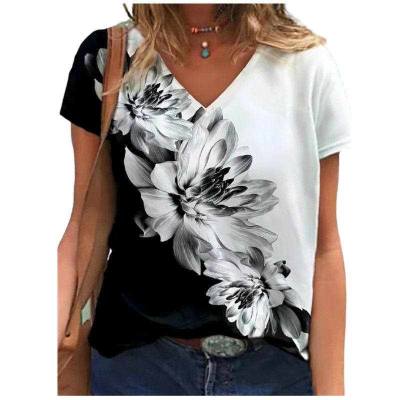 2022 Zomer 3D Digitaal Geprint Korte Mouw V-hals Los Type Dames T-shirt_voghion.com
