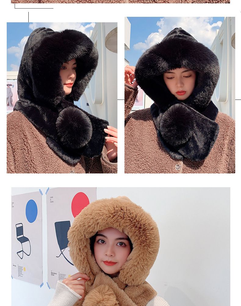 Kuschelige Winter-Kombination aus Fleece, Schal und Mütze – warme Strickmütze mit Ohrenklappen und Bommel für Damen, Schwarz und Khaki_voghion.com