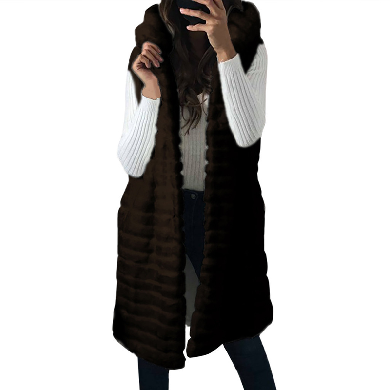 Cappotto con cappuccio in pelliccia imitazione pelliccia di coniglio di media lunghezza da donna_voghion.com