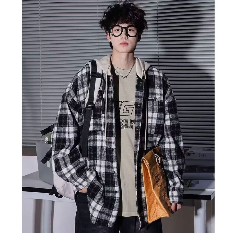 Felpa con cappuccio a quadri larga, stile pigro, unisex, versione coreana, cardigan casual, giacca nera_voghion.com