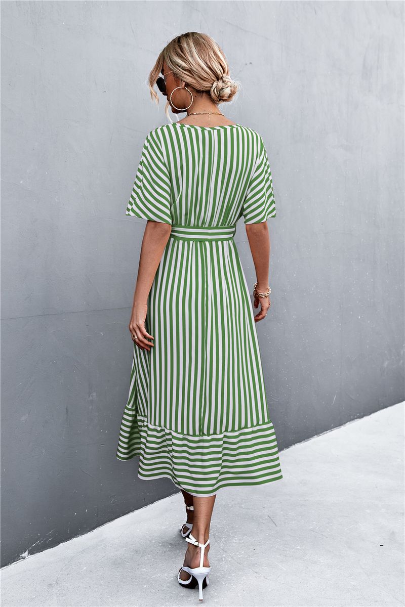 2023 Spring/Summer New Classic Cross V-Neck Strap Stripe Dress_voghion.com