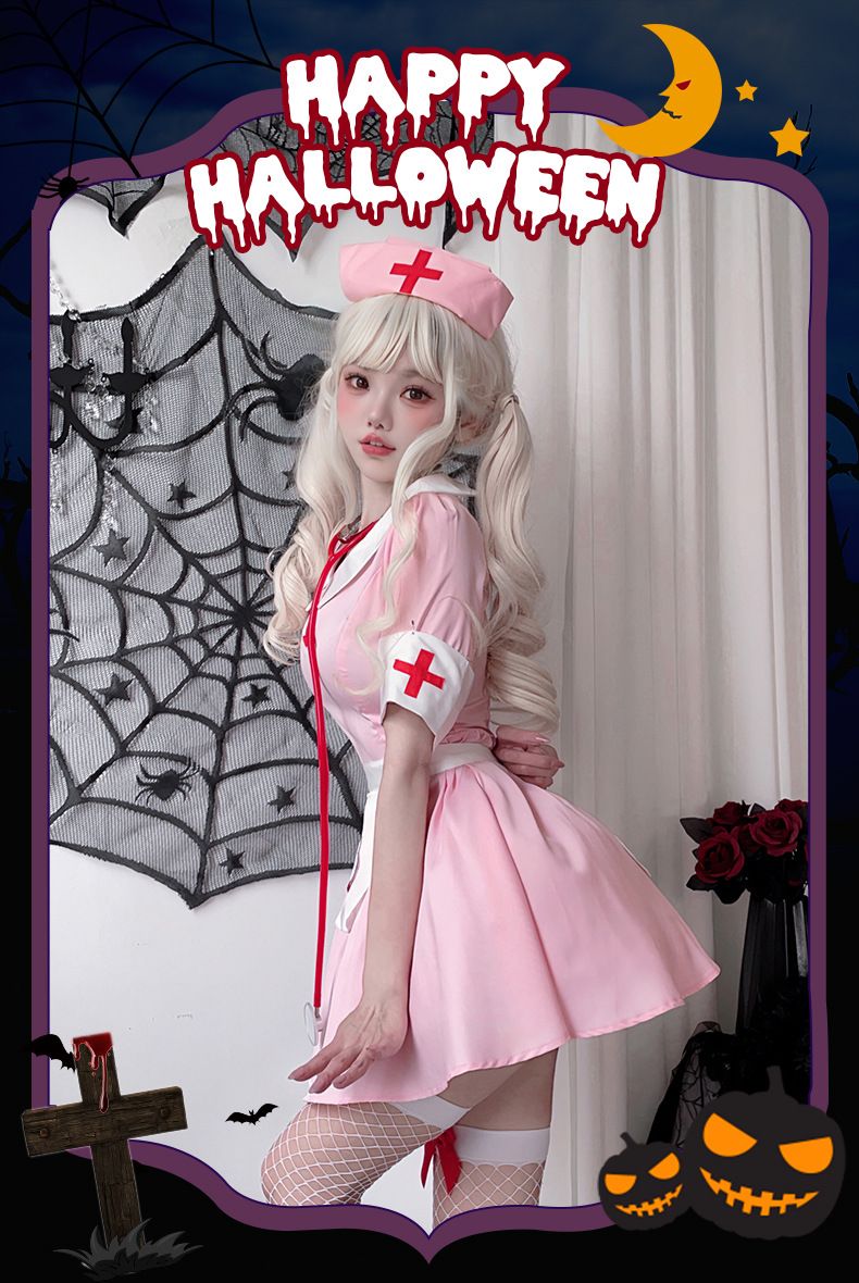 Sexy pinkes Krankenschwesterkostüm für Damen - Japanisches Kawaii-Rollenspielkleid mit Stirnband, Armbändern und Schürze - Halloween-Cosplay-Outfit_voghion.com