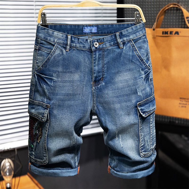 American Multi-bag Overalls Men's 5-point Ami Kaji Nostalgic Retro Five-point Pants Men's Embroidered Heavy Industry Jeans Men_voghion.com
