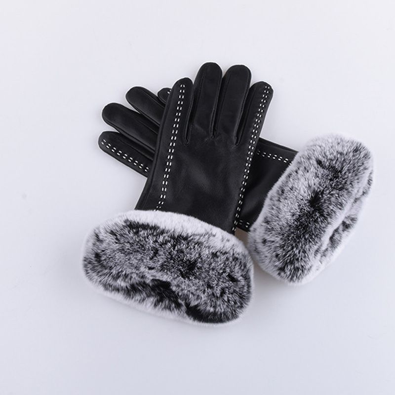 Scarpe invernali da donna in pelle con fodera in pile, dita separate, touchscreen, rifiniture in pelliccia di coniglio, doppie cuciture, fatte a mano_voghion.com