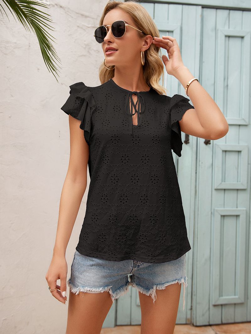 Women's clothing crochet flower hollow lace-up round neck ruffle sleeve shirt top for women_voghion.com