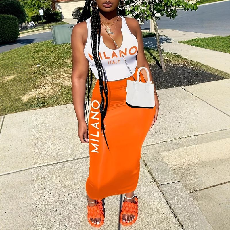 2025 Women's Fashion New Summer Letter Print Tank Top And Long Skirt Two-Piece Set_voghion.com
