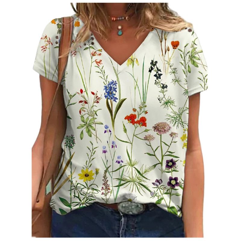 Camiseta feminina com estampa digital 3D e manga curta, gola V, estilo solto, verão 2021_voghion.com