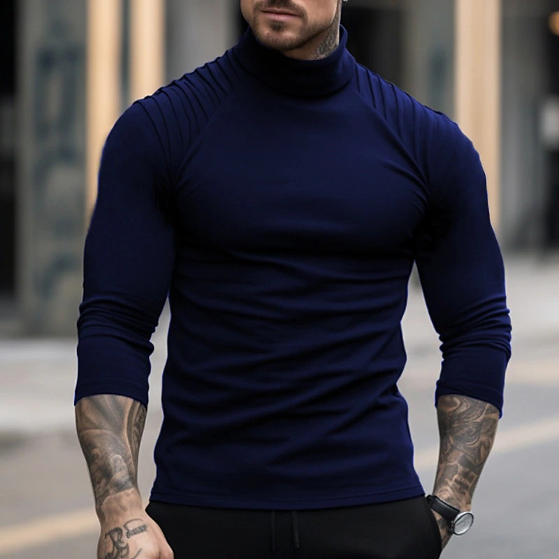 Man's clothing Men's solid color slim-fit high-neck long-sleeved T-shirt personality fashion pleated with rotator sleeves_voghion.com