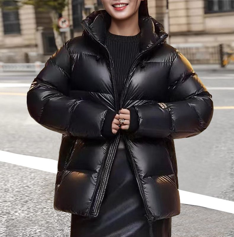 Herrenbekleidung Damen Schwarz-Gold-Gänsedaunenjacke - Warmer Wintermantel mit Kapuze, Kurzer Puffermantel mit abnehmbarer Kapuze, Lockere Passform, Urban Style_voghion.com