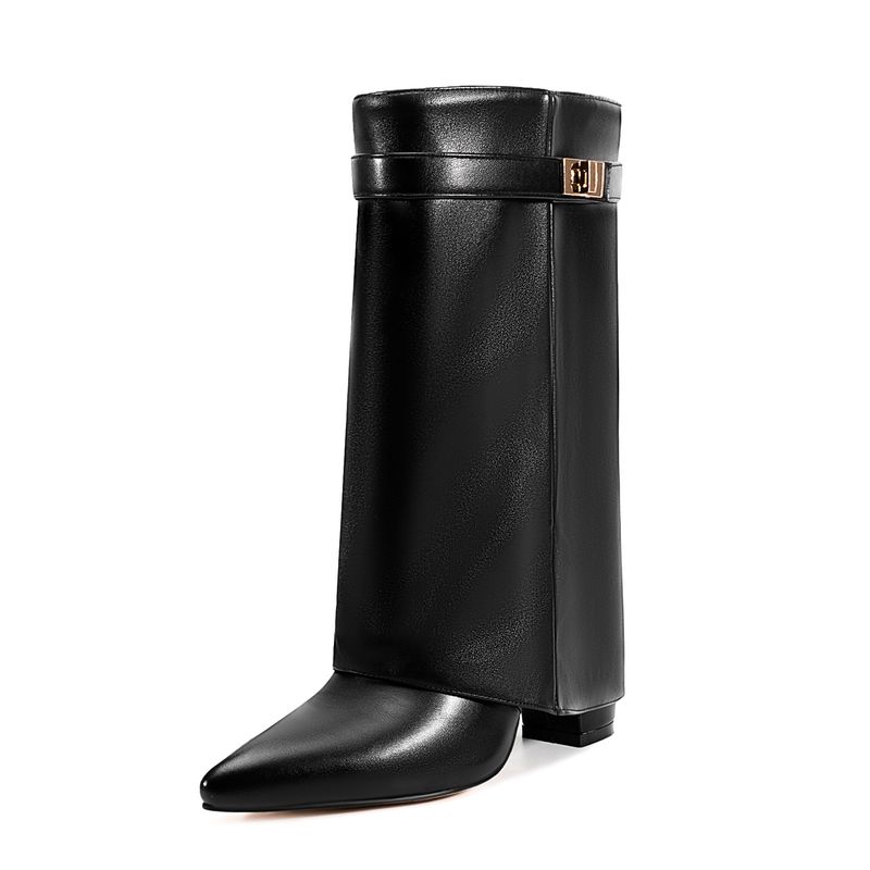 Women's Pointed Toe High Heel Over The Knee Boots With Metal Buckle - Stretchable Wide Calf Thigh High Boots Thick Heel Trouser Boots Women's Boots_voghion.com