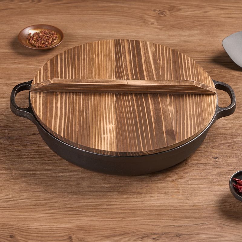 WANGYUANJI 11.8"Cast Iron Wok With Dual Handles And Wooden Lid, Uncoated Frying Pan For Gas And IH, Chinese Thickened Pancake Pan, Stir-frying And IH Universal, With Free Steel Wire Ball_voghion.com