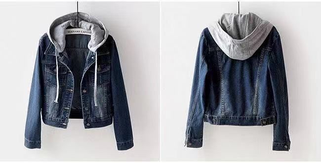 Giacca in denim da donna con cappuccio, oversize, casual, a maniche lunghe, comoda ed elasticizzata, per studenti e lavoro (blu chiaro/blu scuro)_voghion.com