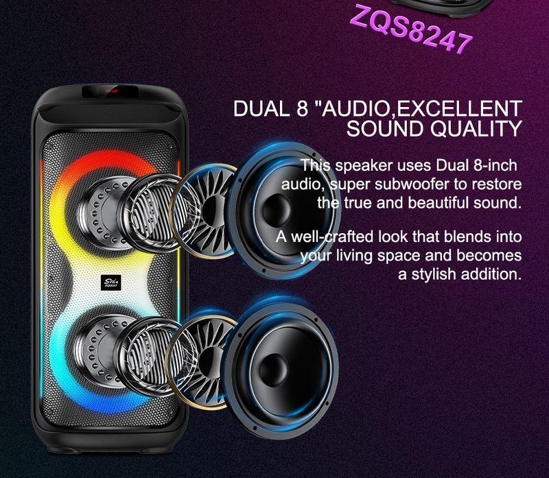 Sing-e ZQS8247 rūpnīcas eksporta lieljaudas Bluetooth skaļrunis dubultā 8 collu 120 W āra audio LED gaisma_voghion.com