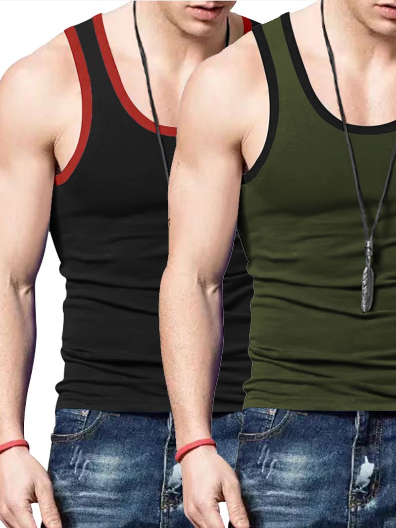 24 Cross-border Summer Men's Vest Ice Silk Solid Color New Sleeveless Breathable Tight Casual Sports Vest 2-piece Set_voghion.com
