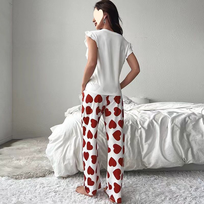 Pyjama-Set mit Oberteil mit kleinen Flatterärmeln und langer Hose mit Herz-Print, zweiteiliger lässiger Sommerpyjama_voghion.com