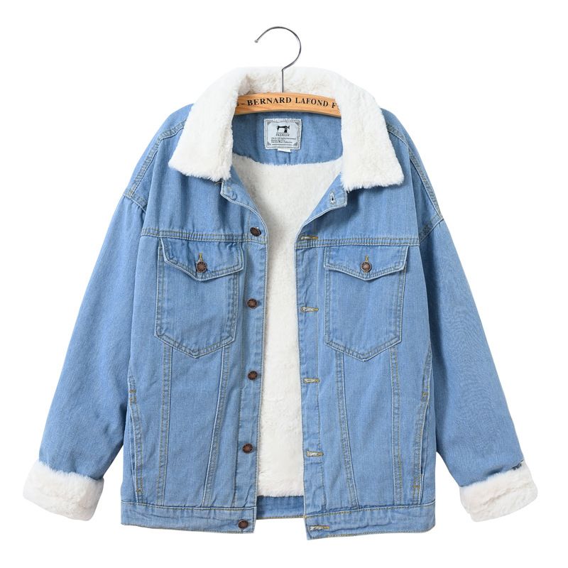 Giacca da donna in denim foderata in pile, calda e calda, con collo in pelliccia sintetica di coniglio, casual, blu, oversize, con spalle scese_voghion.com