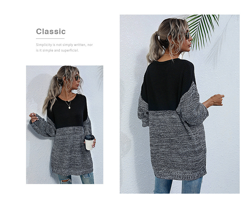 Damenbekleidung Independent Station kontrastierender Rundhals-Langarm-Strickpullover für Damen mittlere Länge_voghion.com