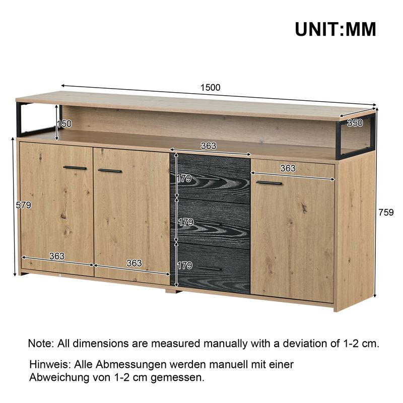 Buffet industriel trois portes et trois tiroirs, meuble de rangement multifonctionnel avec poignées en métal, armoire de cuisine, meuble de rangement pour chambre, salon et bureau, 150 x 35 x 75,9 cm_voghion.com
