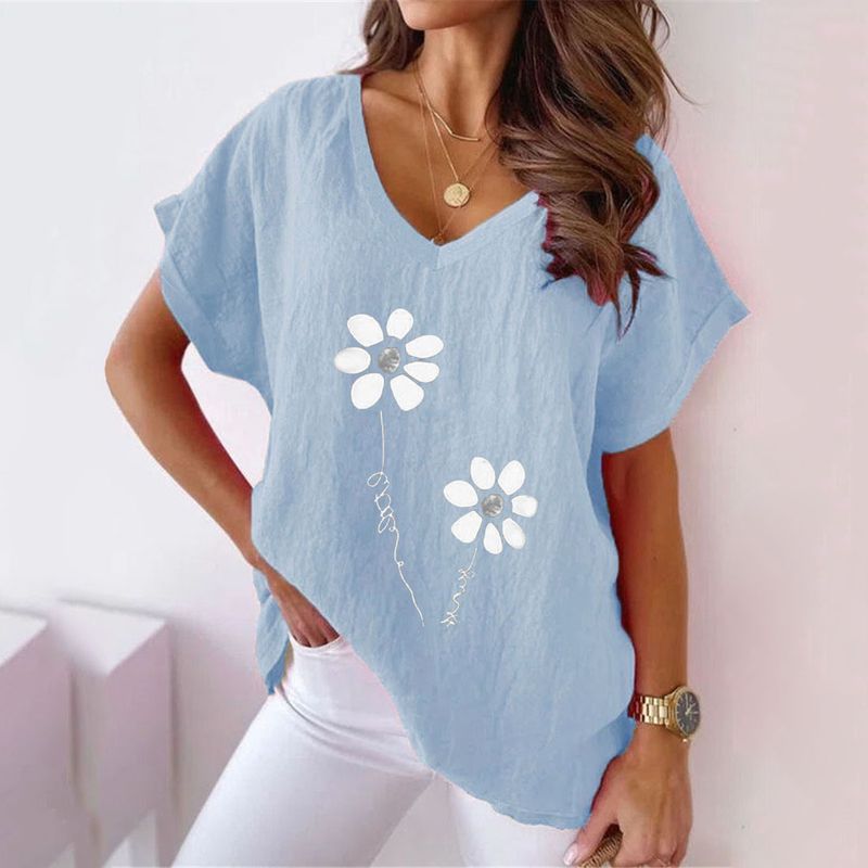 Maglietta casual a maniche corte con scollo a V e stampa in cotone e lino, da donna, taglie forti, estate 2025_voghion.com