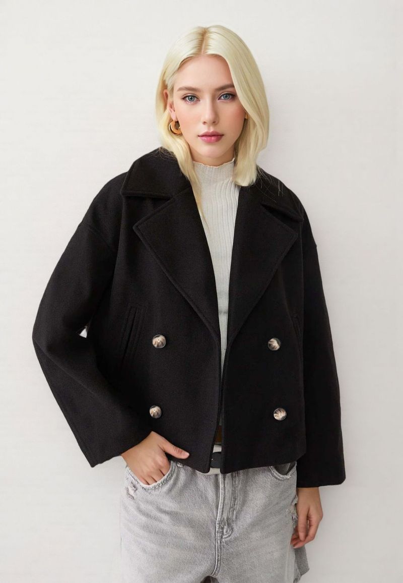 Damen-Peacoat aus Wollmischung mit zweireihiger Knopfleiste, Trenchcoat mit Revers und Knopfdetail, eleganter, locker sitzender Kurzblazer für Büroausflüge_voghion.com