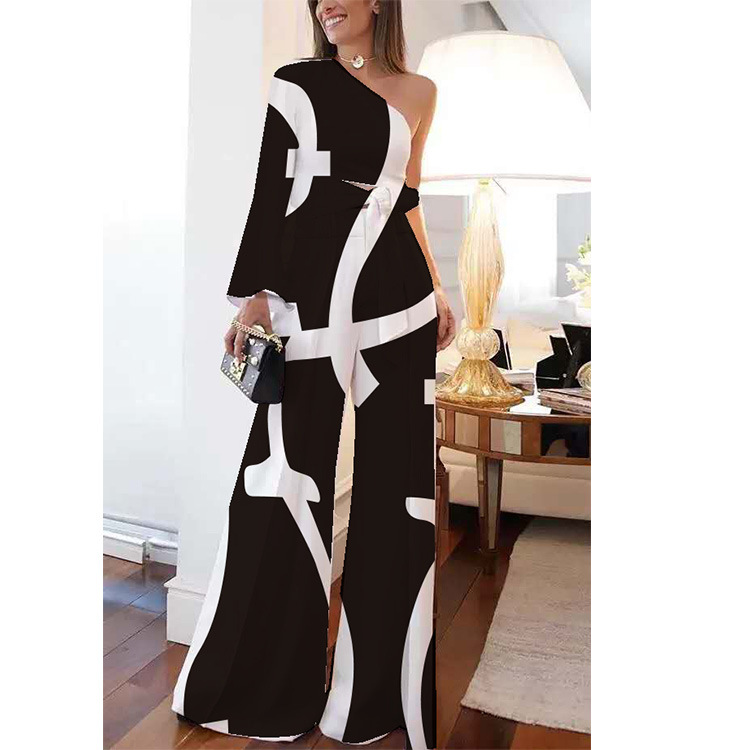 Women's solid color printing one-shoulder sleeve tie jumpsuit two-piece set_voghion.com