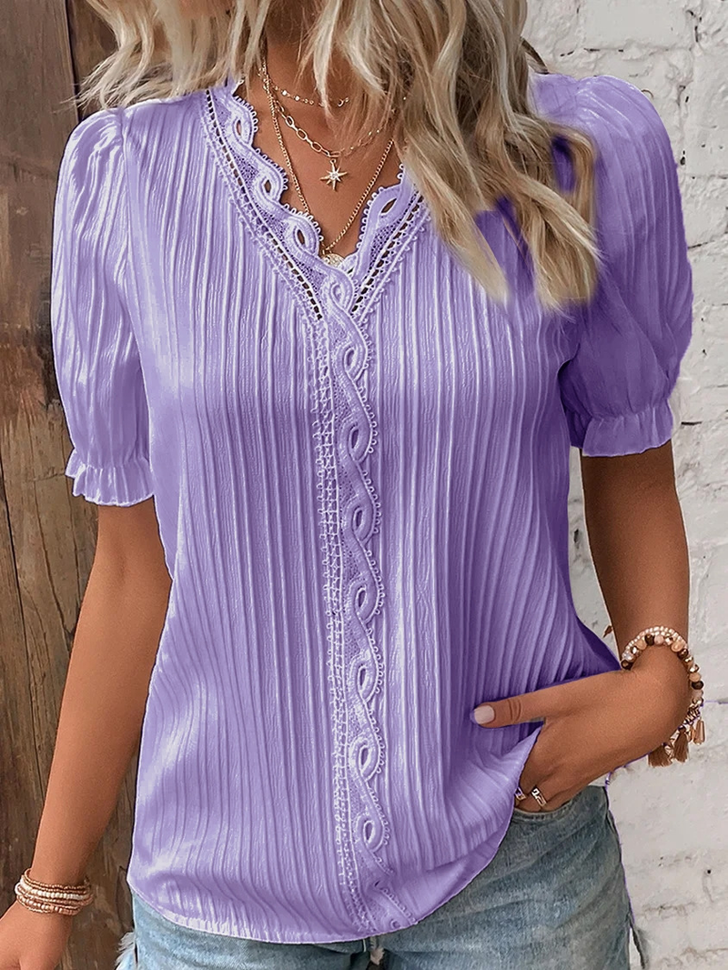 Camicia da donna a maniche corte con stampa cava, nuova moda estiva_voghion.com