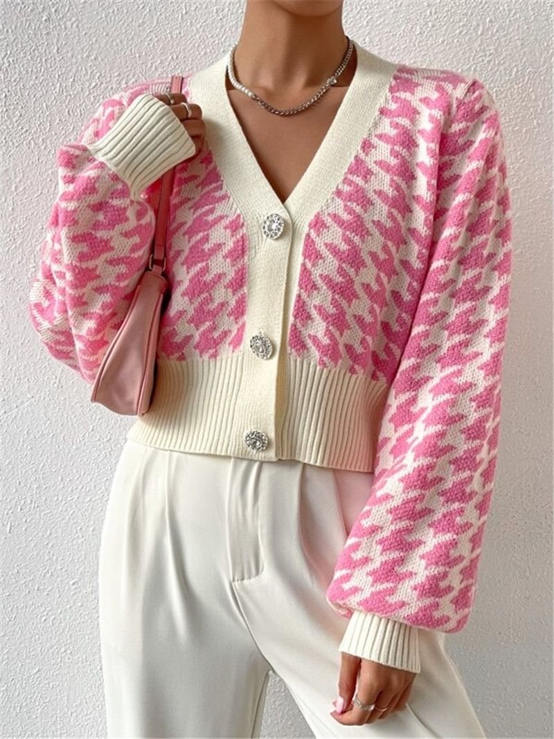 Dameskleding herfst en winter patroon lantaarn mouw gebreide cardigan trui korte jas_voghion.com