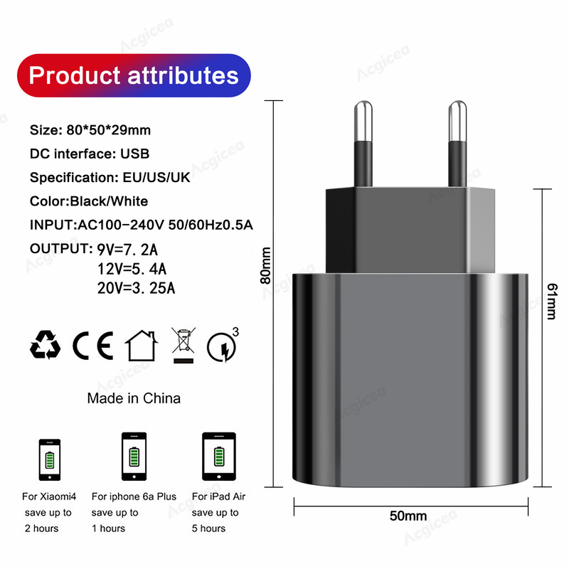 GaN 65W PD lādētājs USB C tipa lādētājs Ātrā uzlāde QC3.0 PD3.0 Ātrā uzlāde iPhone Samsung Xiaomi Wallcharging Q3.0 3.0_voghion.com
