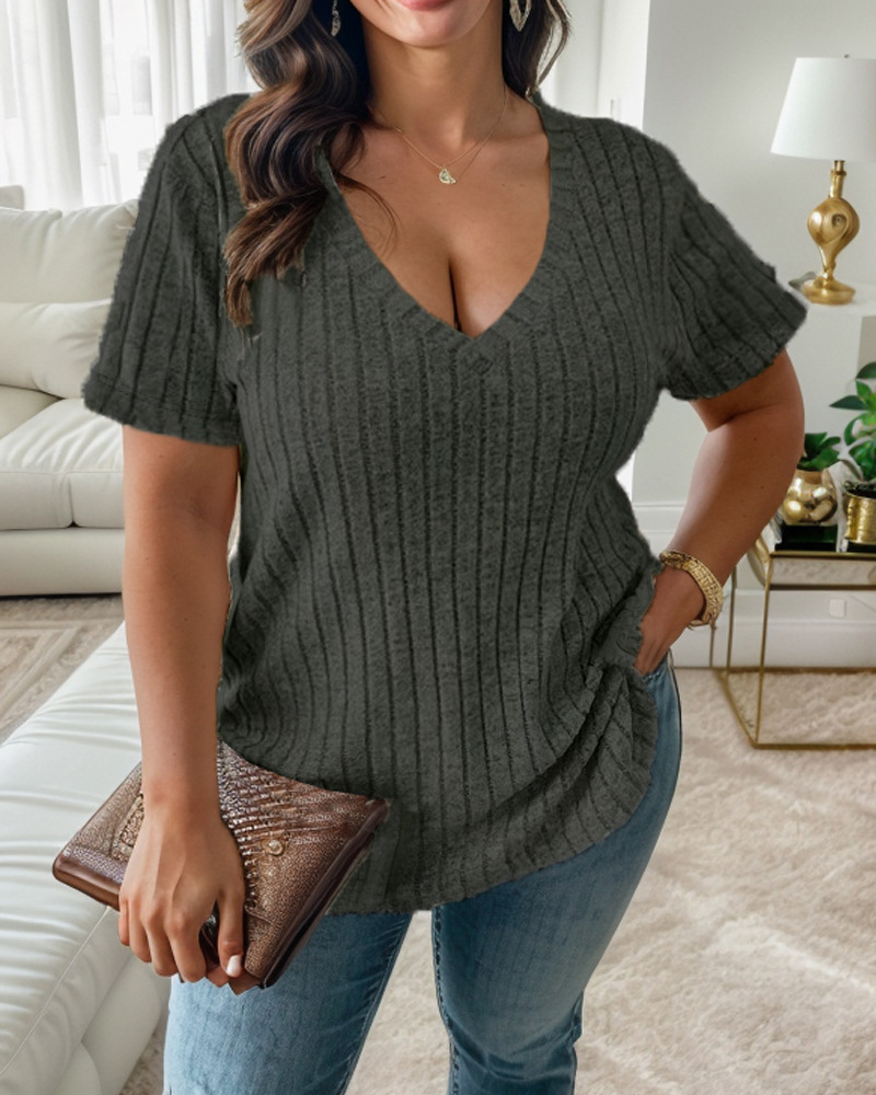 Damen neue Damen V-Ausschnitt Loose Pit Stripes gebürstet Kurzarm_voghion.com