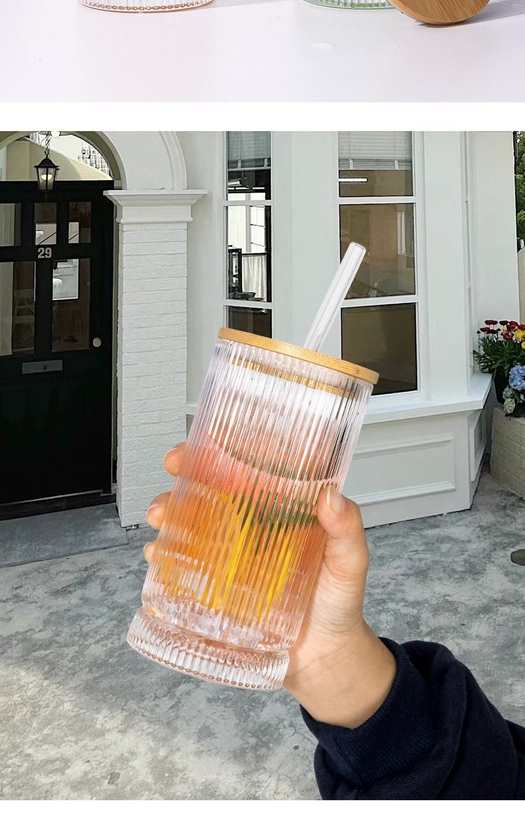 Striped Glass Tumbler With Lid & Straw - 16oz Mason Jar Style Cup For Iced Coffee, Bubble Tea, Juice & Cocktails, Reusable Drinking Glass_voghion.com