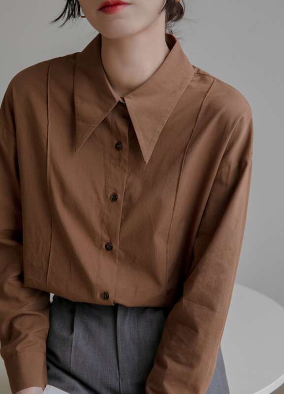 2025 Nvyis2025 Primavera Colletto a punta Un top in stile francese di nicchia, camicia casual ampia per donne con maniche lunghe_voghion.com