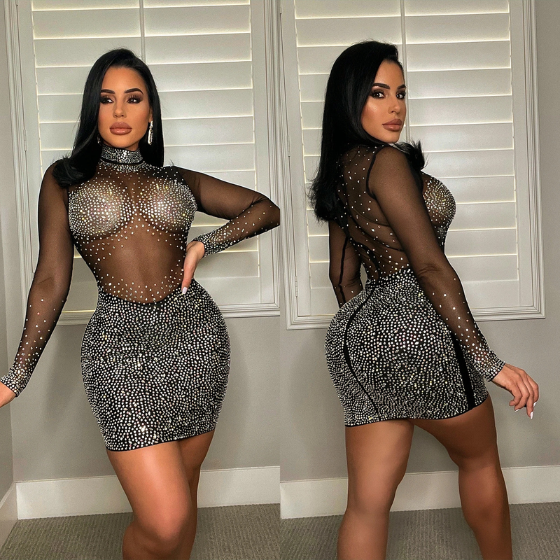 Damenbekleidung Modisches und sexy Mesh-Kleid mit langen Ärmeln und heißem Diamanten für Damen_voghion.com