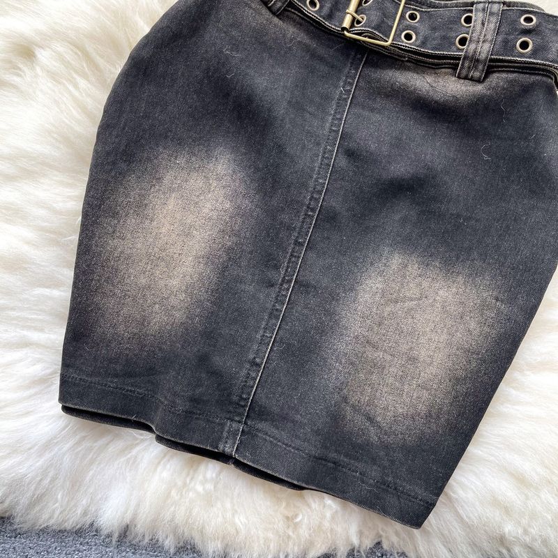 Damenbekleidung Retro reine Hot Girl Style Hosenträger Tube Top Weste + Farbverlauf hohe Taille schlanker Hüftrock Denim Anzug_voghion.com