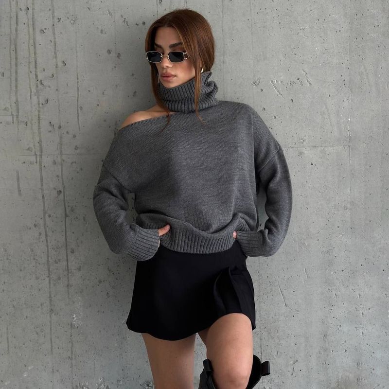 Women's Clothing 2024 autumn new women's clothing pure desire style off shoulder half high collar slim all match knitted sweater_voghion.com