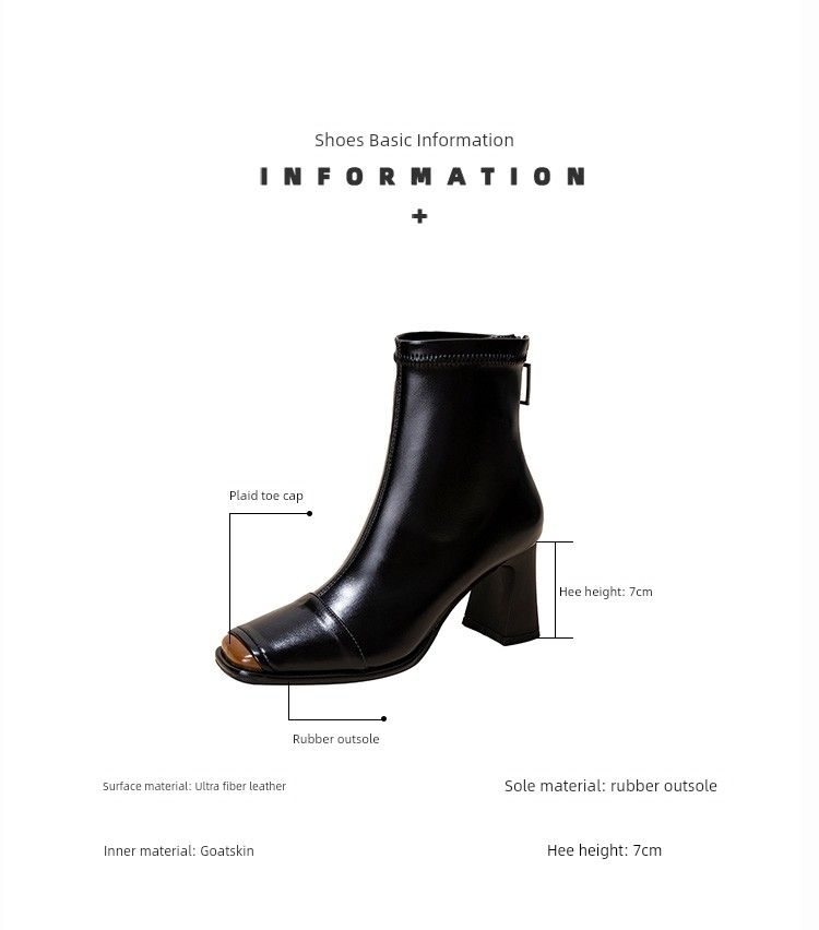 Genuine Leather Black Short For Women 2024 New Arrival Fall And Winter Small Ankle Square Toe Chunky High Heel Thin_voghion.com