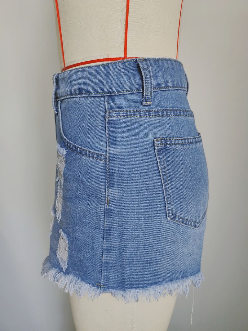 Pantaloncini in denim effetto used da donna - Pantaloncini corti in denim elasticizzato casual alla moda, a vita alta, con strappi e lavaggio vintage_voghion.com