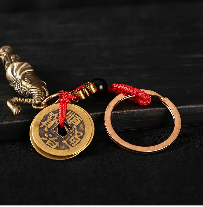 Llavero de coche con cabeza de dragón de latón para hombre y mujer, collar con silbato de supervivencia al aire libre, colgante de bolsa con cinco monedas del emperador._voghion.com